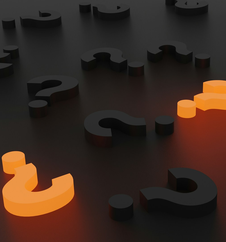 question marks on a black background with two orange question marks